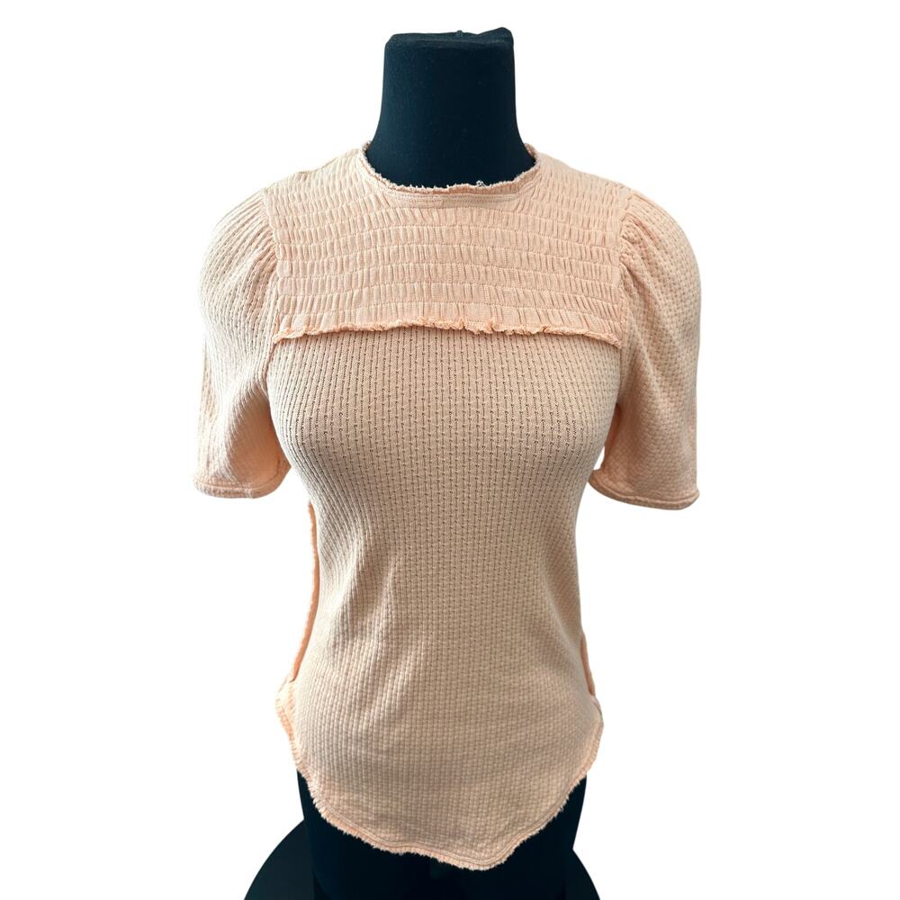 FREE PEOPLE We The Free Peach Smocked Top Short Sleeve Knit Boho Tee NWT | Small - Picture 2 of 9
